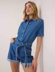 Orta Ton Yıkamalı Kuşaklı Tyler Denim Şort Tulum