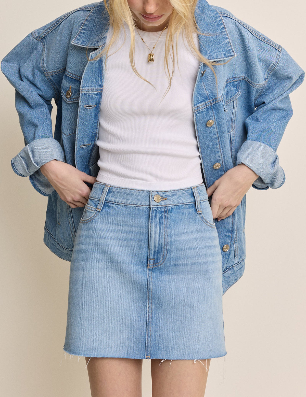 Orta Ton Yıkamalı Denim Sandi Mini Etek