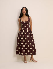 Kahverengi ve Krem Puantiyeli Panelli Soraya Midi Boy Elbise