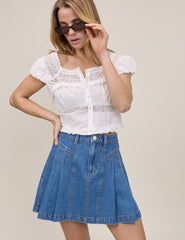 Mavi Denim Pileli Mini Etek