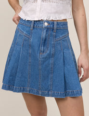 Mavi Denim Pileli Mini Etek