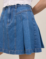 Mavi Denim Pileli Mini Etek