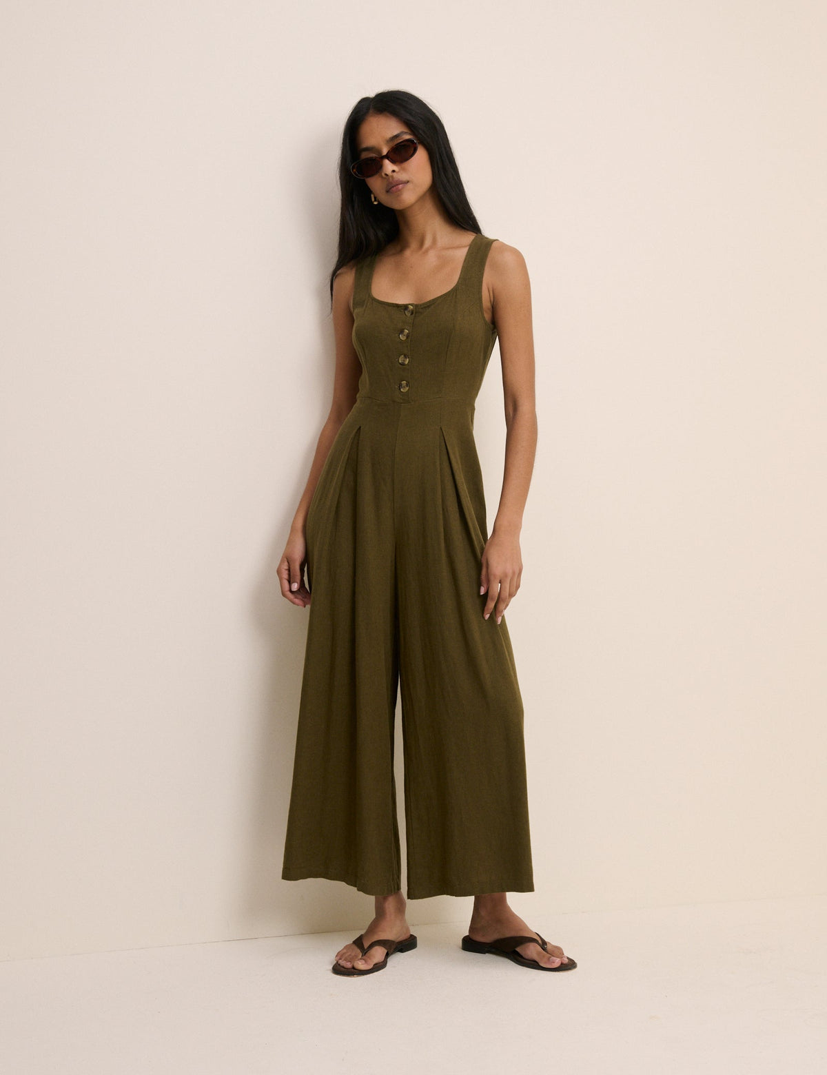 Kısa Boy Haki Keten Ağırlıklı Kısa Kesim Lorey Tulum