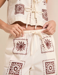 Fildişi Tile Desenli Geniş Paça Topaz Pantolon