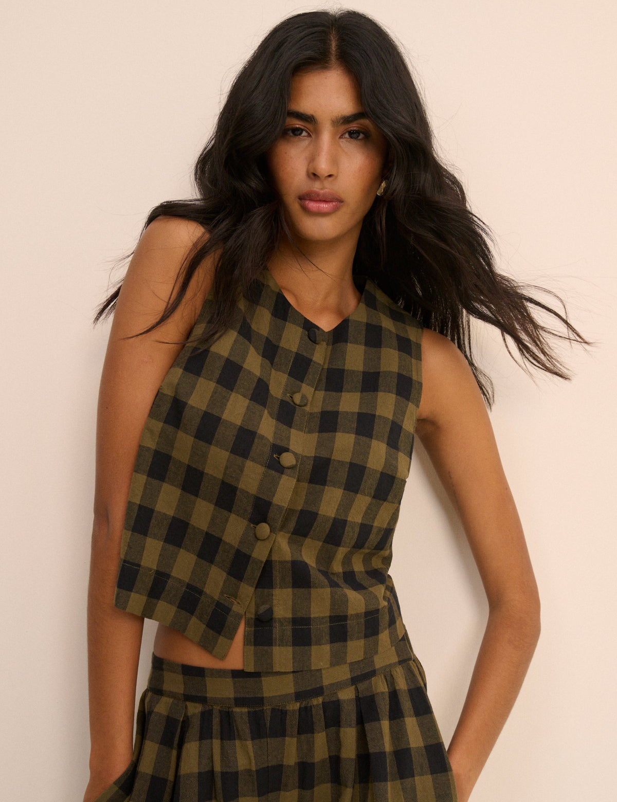 Haki Yeşil Pötikareli Önden Düğmeli Bluz