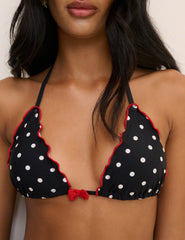 Siyah Puantiyeli Fırfırlı Kenarlı Üçgen Bikini Bluz