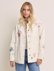 Krem İşlemeli Denim Gömlek Ceket