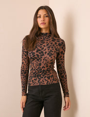 Leopar Desenli Esnek Jarse Dik Yaka Bluz
