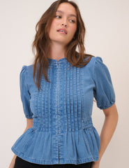 Mavi Kısa Kollu Denim Bluz