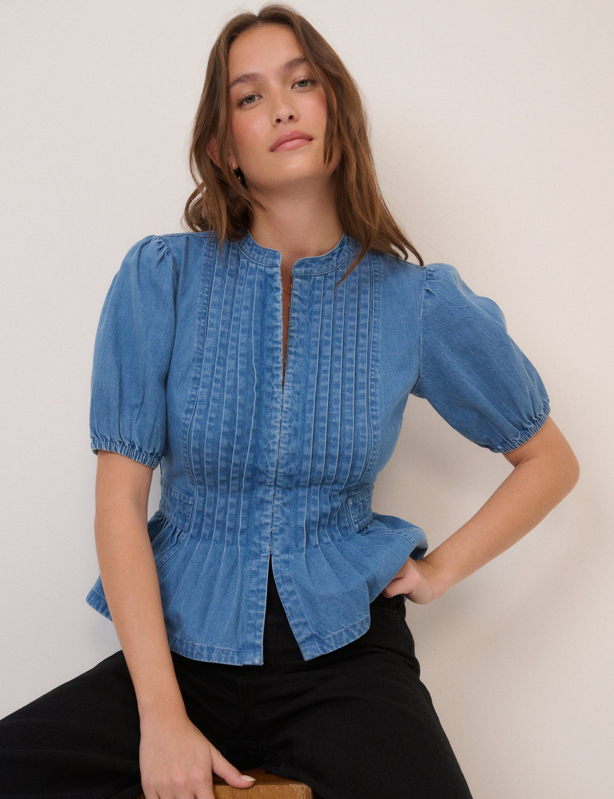 Mavi Kısa Kollu Denim Bluz