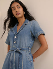 Orta Ton Yıkamalı Denim Kuşaklı Mylos Tulum