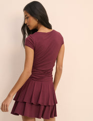 Bordo Düşük Bel Esnek Jarse Yuki Mini Boy Elbise