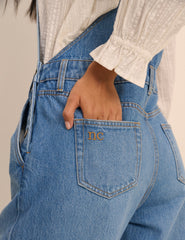 Orta Ton Yıkamalı Denim Balon Paça Salopet