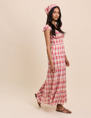 Kırmızı Kareli Fırfır Detaylı Kat Kat Levi Maxi Boy Elbise