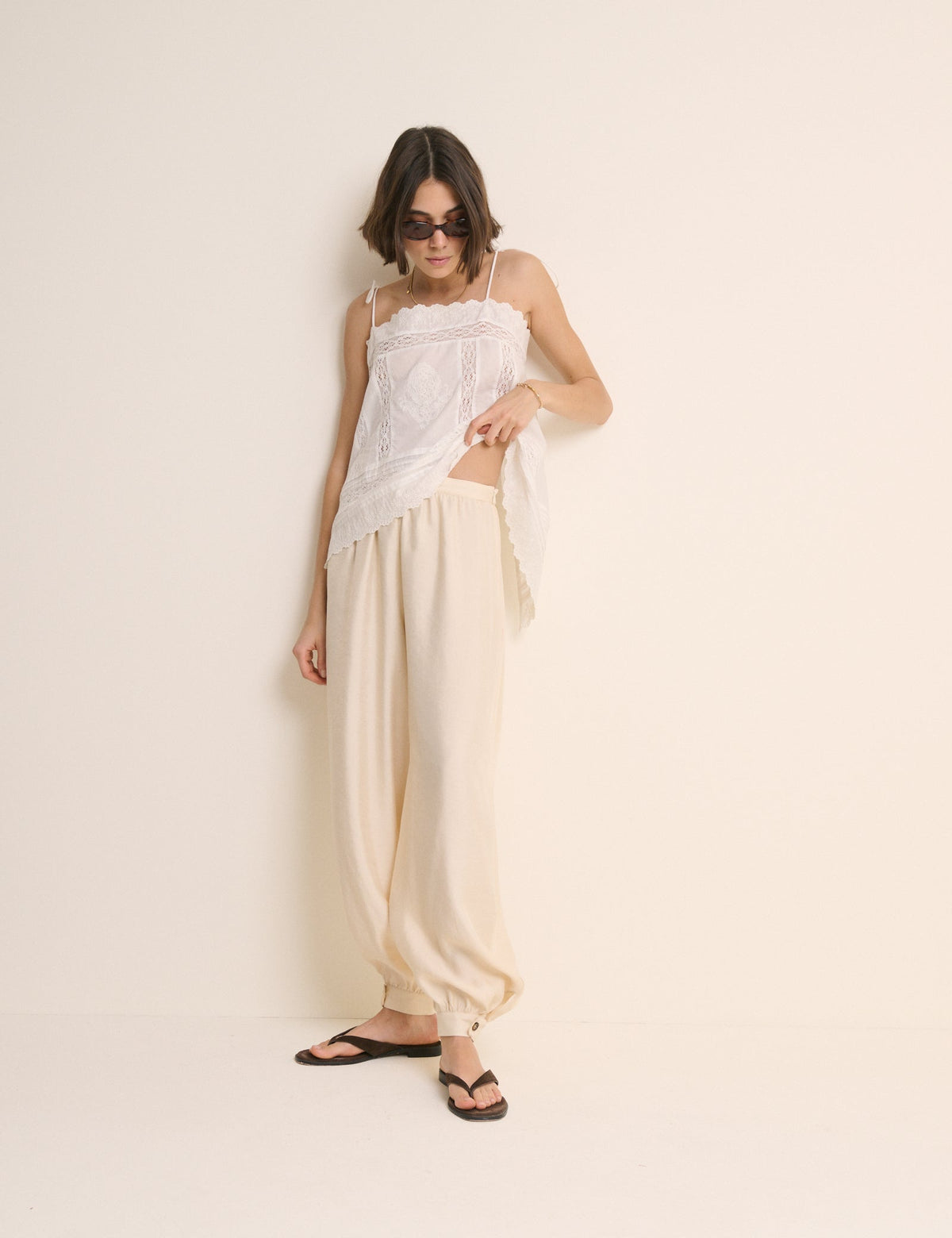 Krem Balon Leg Saten Cuffed Pantolon