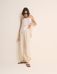 Krem Balon Leg Saten Cuffed Pantolon