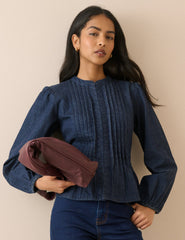 Koyu Ton Yıkamalı Pili Dikişli Denim Bluz