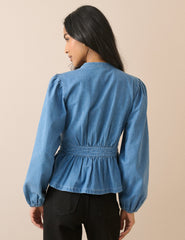 Orta Yıkamalı Pili Dikişli Denim Bluz