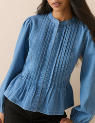 Orta Yıkamalı Pili Dikişli Denim Bluz