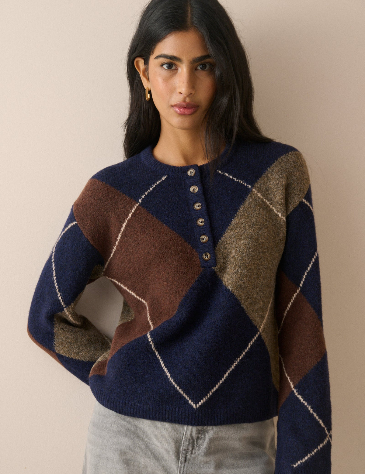 Lacivert Baklava Desenli Fitilli Detaylı Henley Kazak