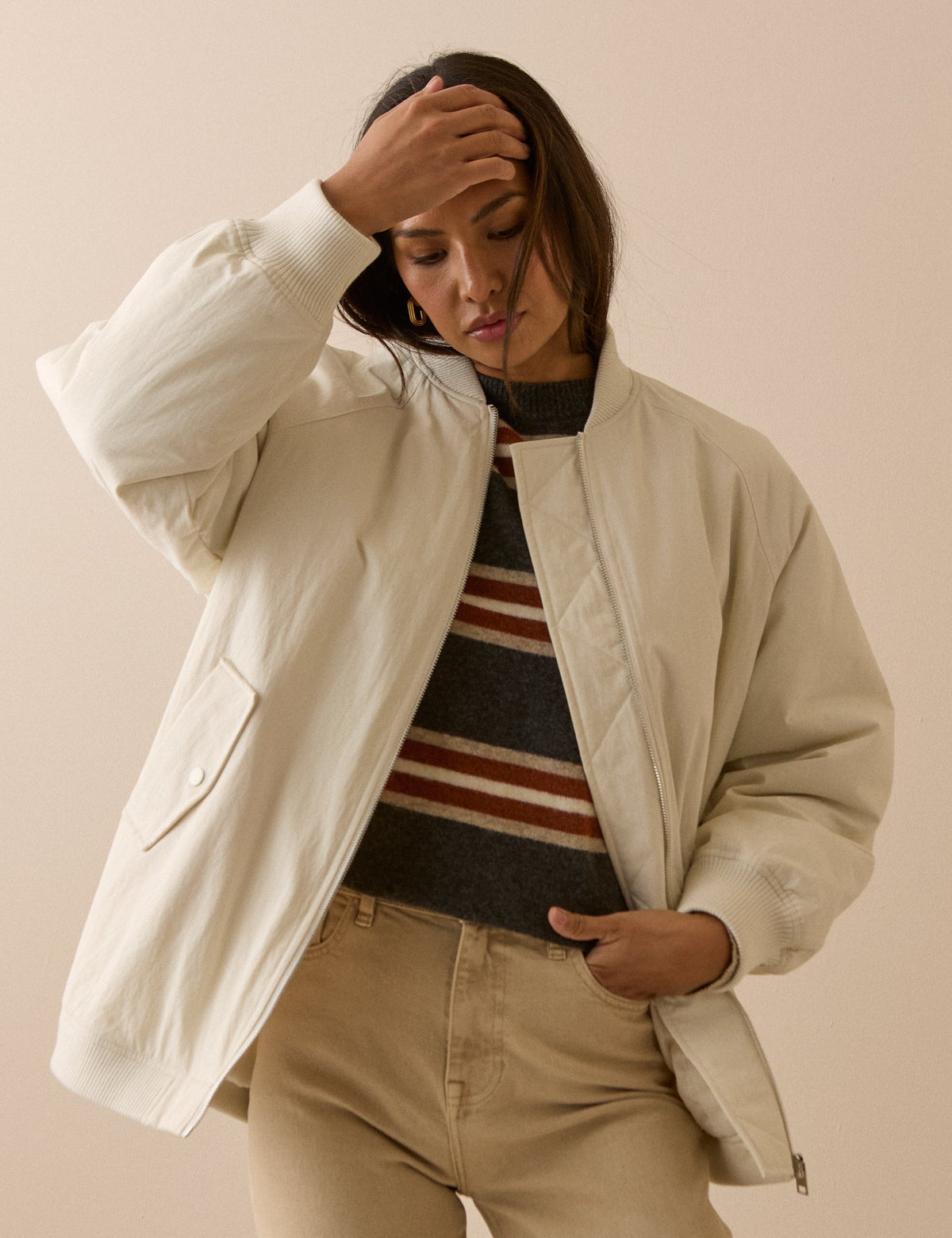 Fildişi Uzun Kesim Oversize Bomber Ceket