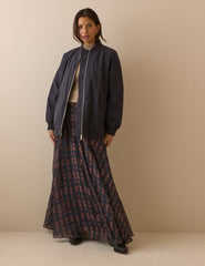 Lacivert Uzun Kesim Oversize Bomber Ceket
