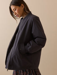 Lacivert Uzun Kesim Oversize Bomber Ceket