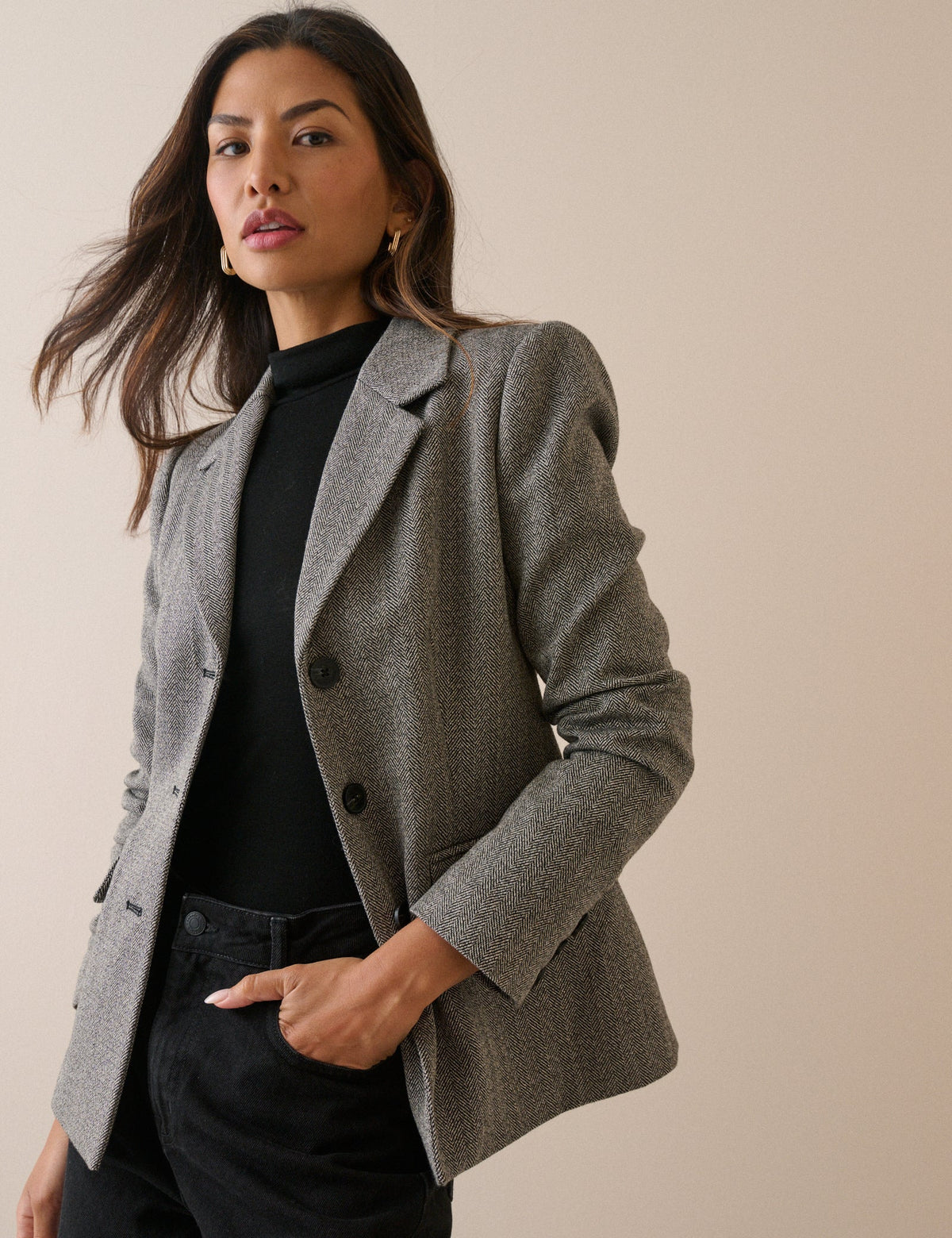 Gri Balıksırtı Desenli Belden Oturtmalı Blazer Ceket