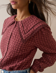 Kırmızı Kareli Oversize Yaka Detaylı Bluz