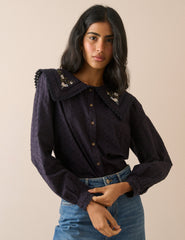 Lacivert Çiçek İşlemeli Oversize Yaka Detaylı Bluz