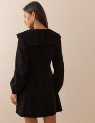 Siyah Oversize Yaka Detaylı Fitilli Kadife Hannah Mini Boy Elbise