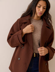 Kahverengi Oversize Yaka Detaylı Yün Karışımlı Peacoat