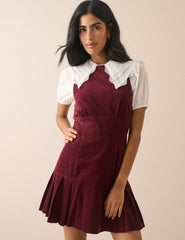 Bordo Fitilli Kadife Pileli Elma Mini Boy Elbise