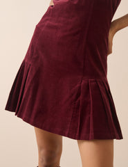 Bordo Fitilli Kadife Pileli Elma Mini Boy Elbise
