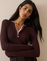 Çikolata Kahverengi Çift Katmanlı Fitilli Henley Bluz