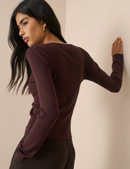 Çikolata Kahverengi Çift Katmanlı Fitilli Henley Bluz