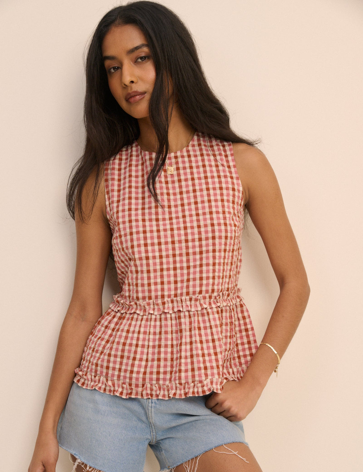 Bordo ve Pembe Pötikareli Frilled Vanessa Peplum Bluz