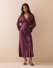 Bordo Bluzon Kollu Saten Linda Midi Boy Elbise