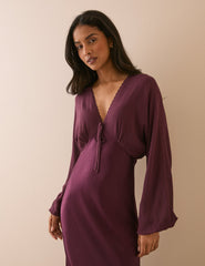 Bordo Bluzon Kollu Saten Linda Midi Boy Elbise