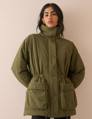 Haki Dik Yaka Rahat Puffer Ceket