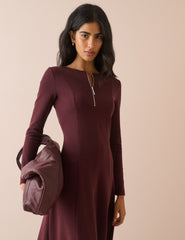 Bordo Fermuarlı Yaka Sutton Midi Boy Elbise