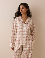 Krem Kareli ve Çiçek Desenli Pijama Takımı