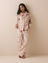 Krem Kareli ve Çiçek Desenli Pijama Takımı