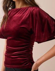 Bordo Büzgülü Kadife Bluz