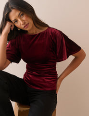 Bordo Büzgülü Kadife Bluz