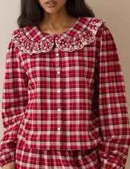 Yumuşak Dokulu Kareli Fisto İşlemeli Fırfırlı Pijama Bluz