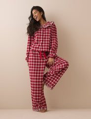 Kırmızı Kareli Fisto İşlemeli Etek Ucu Detaylı Pijama Bottoms