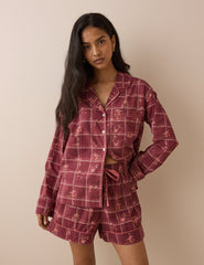 Bordo Kareli ve Çiçek Desenli Pijama Takımı