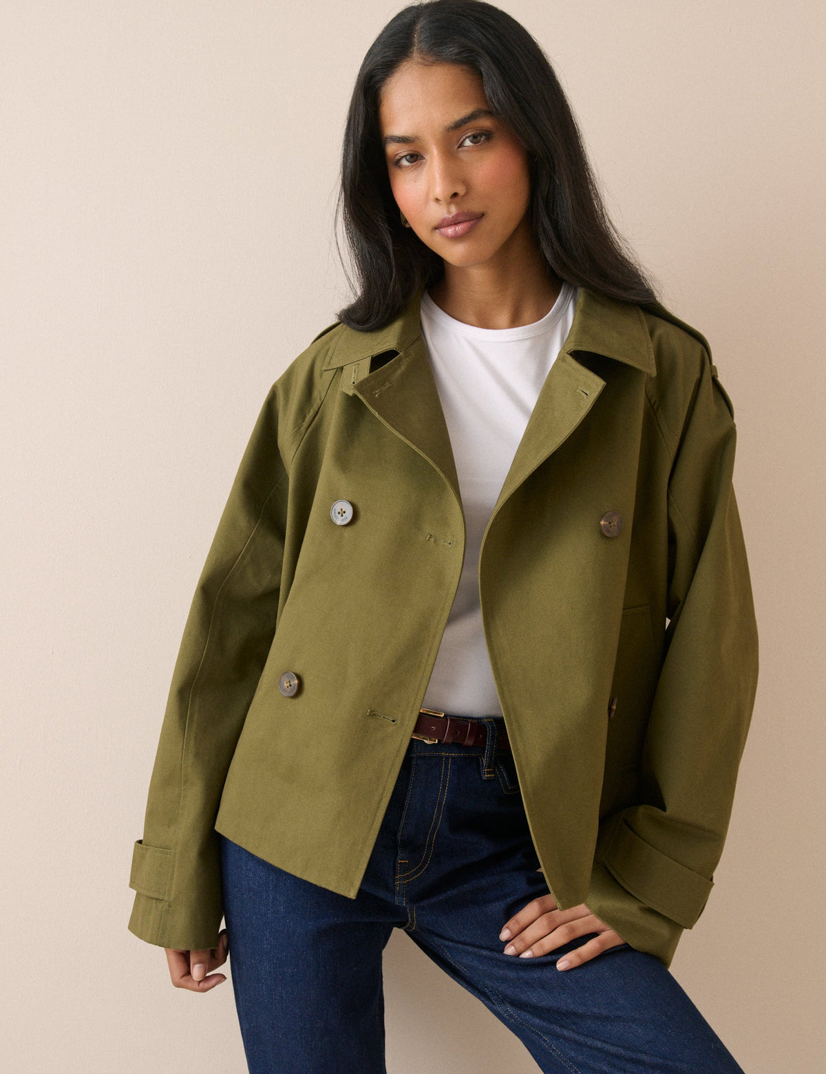 Haki Çift Düğmeli Veloria Trench Ceket