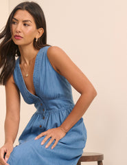 Orta Yıkamalı Mavi Denim Kolsuz Starlight Midi Boy Elbise